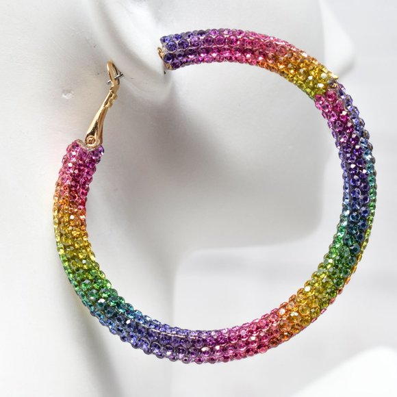 2.25" Boho Multicolor Pave Rhinestone Hoop Earring - Picture 7 of 11